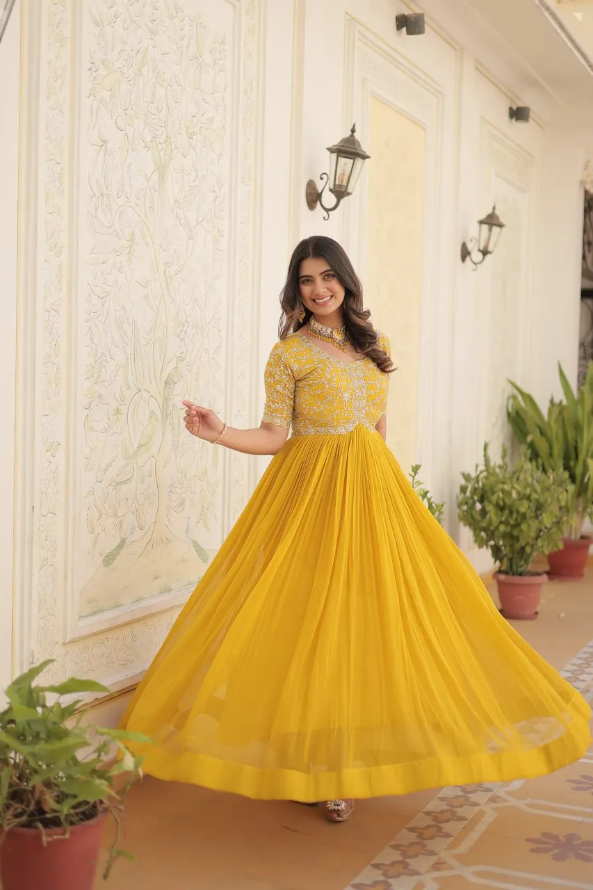 Luxurious Zari-Embroidered Yellow Gown for Discerning Women