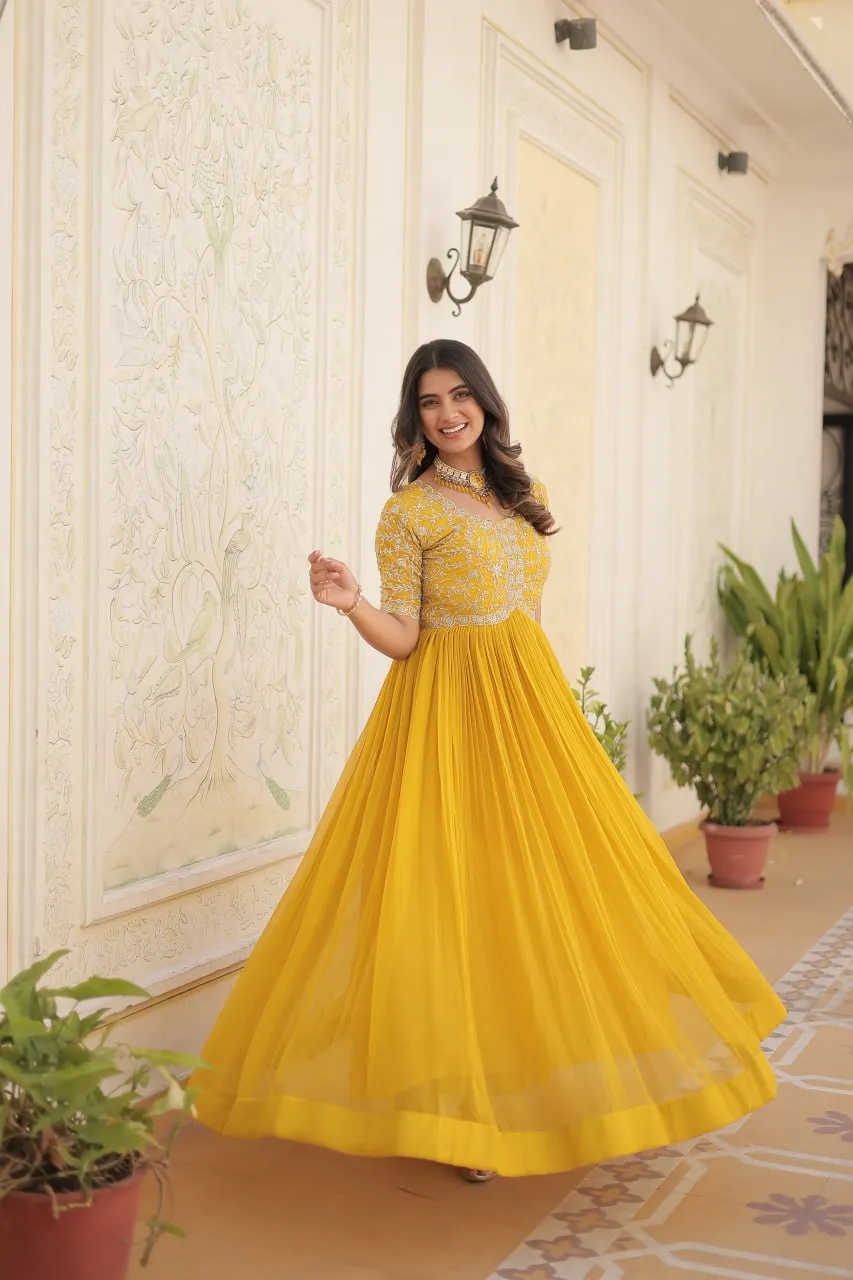 Luxurious Zari-Embroidered Yellow Gown for Discerning Women