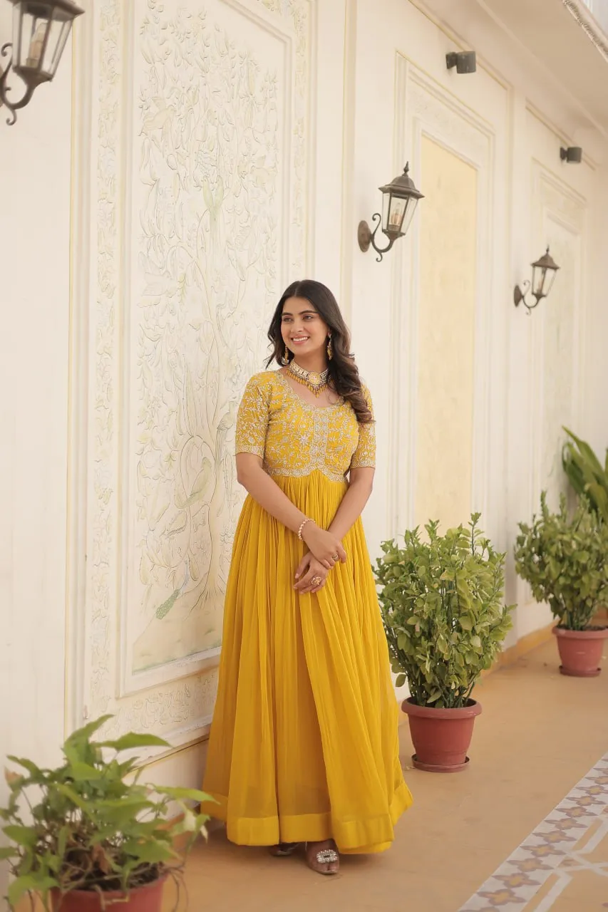 Luxurious Zari-Embroidered Yellow Gown for Discerning Women