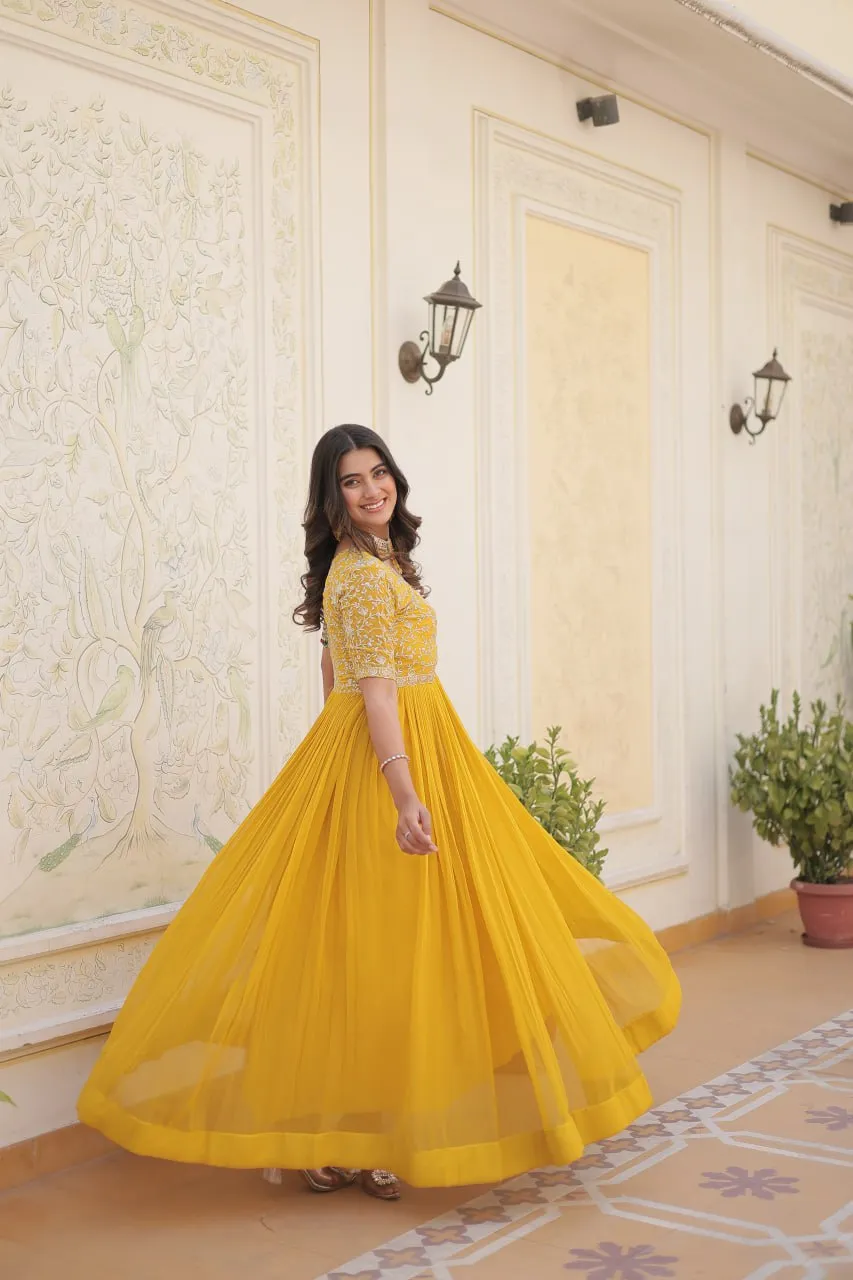 Luxurious Zari-Embroidered Yellow Gown for Discerning Women