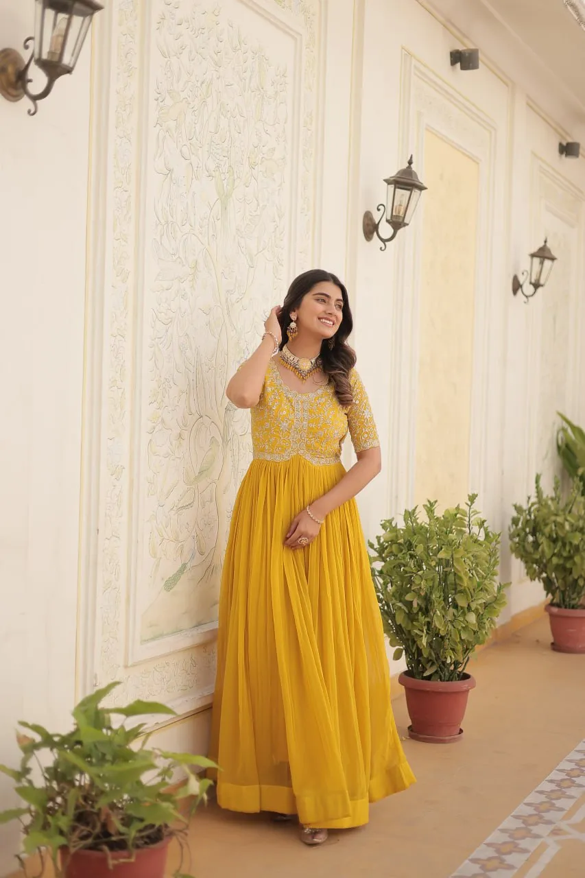 Luxurious Zari-Embroidered Yellow Gown for Discerning Women