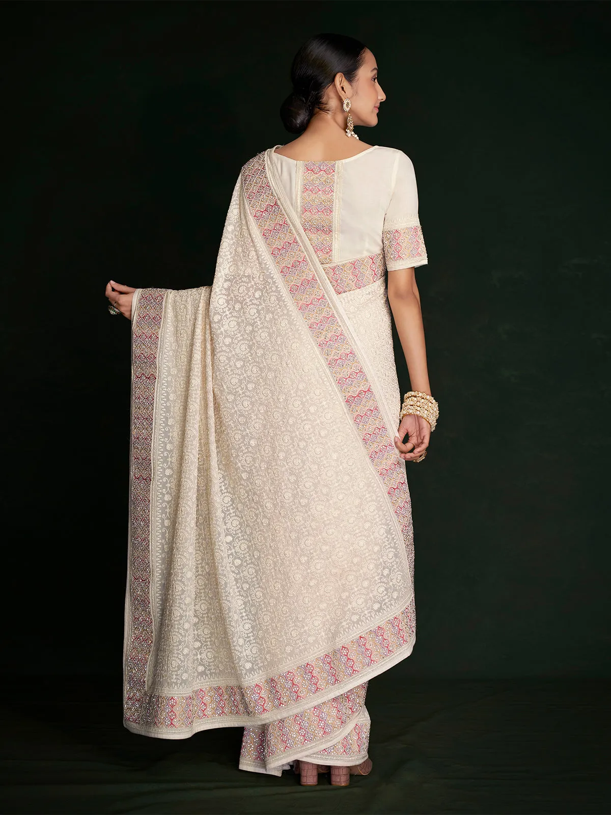 Modern White Georgette Embroidered Saree With Unstitched Blouse