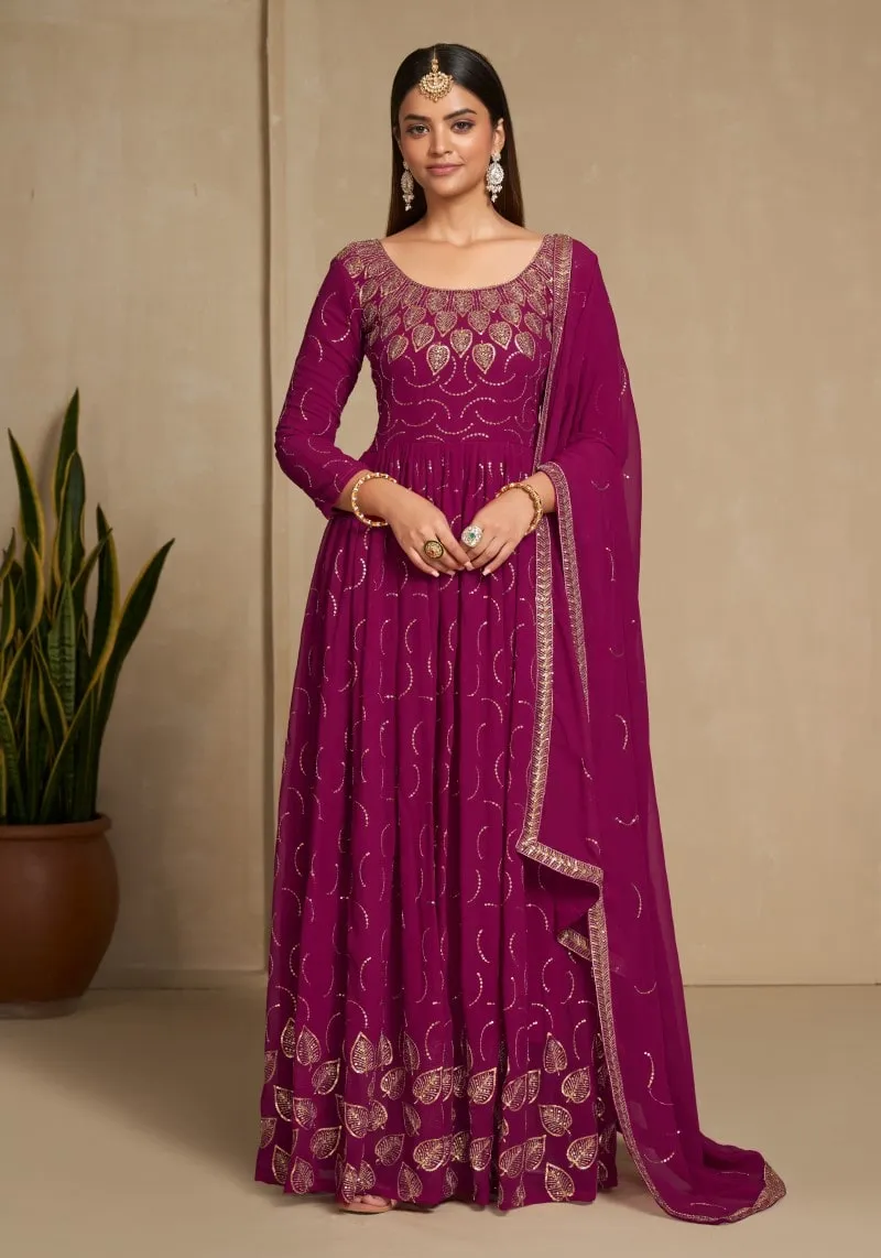 Party Wear Magenta Sequins Embroidered Anarkali Dress With Dupatta