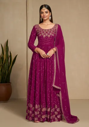 Party Wear Magenta Sequins Embroidered Anarkali Dress With Dupatta