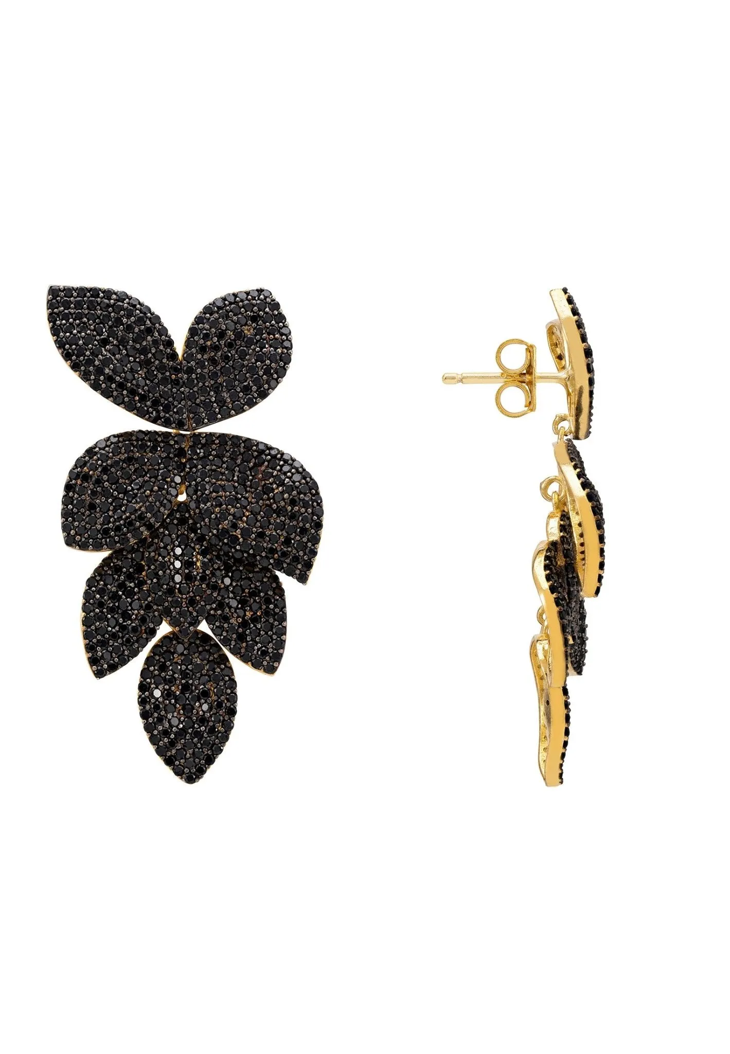Petal Cascading Flower Earrings Gold Black Cz