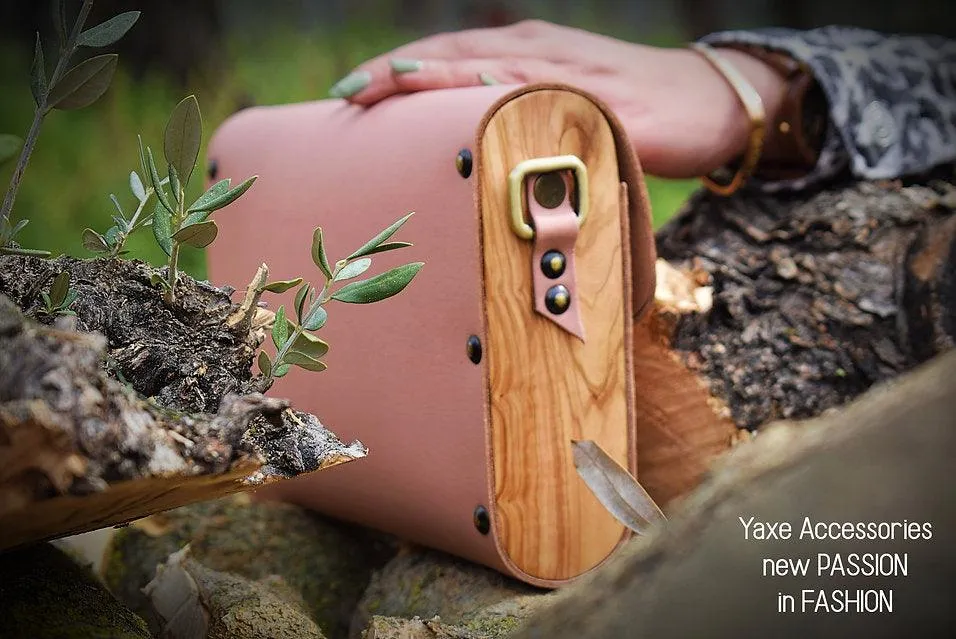Pink leather wood women bag