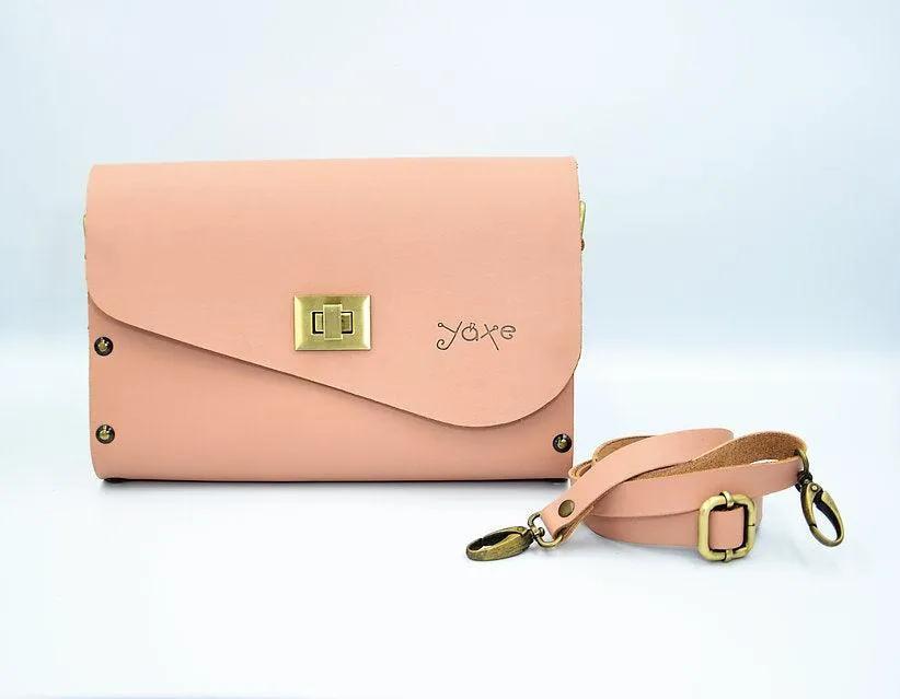 Pink leather wood women bag