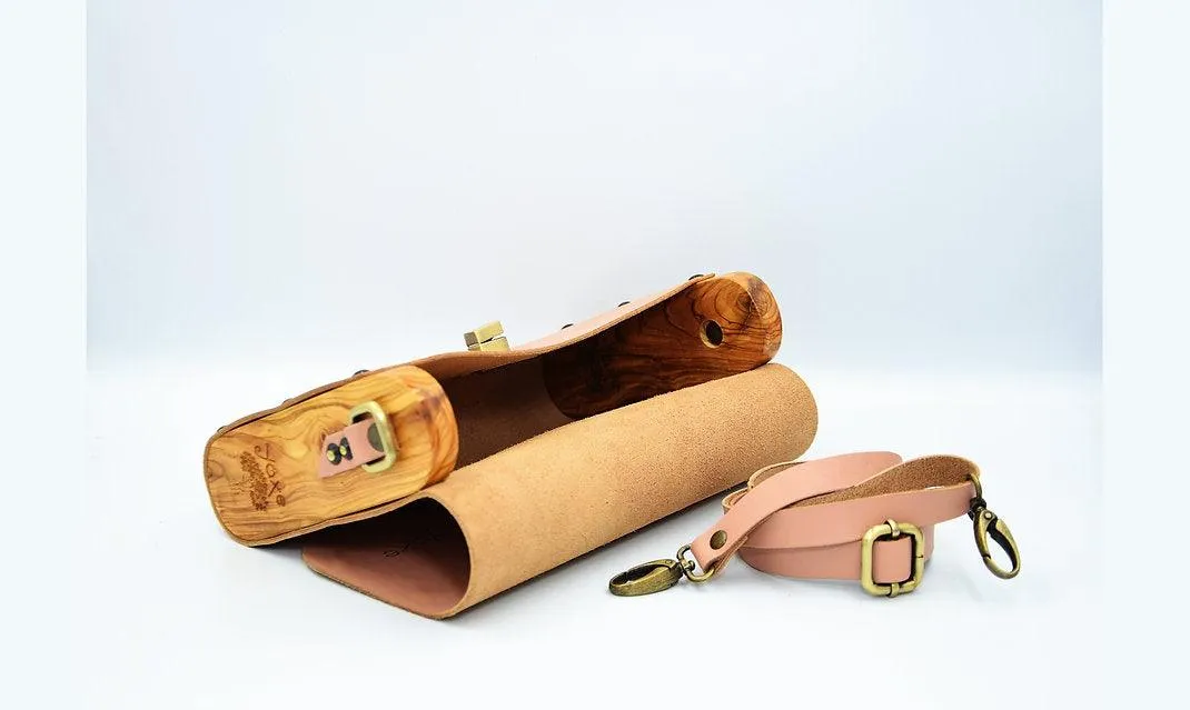 Pink leather wood women bag