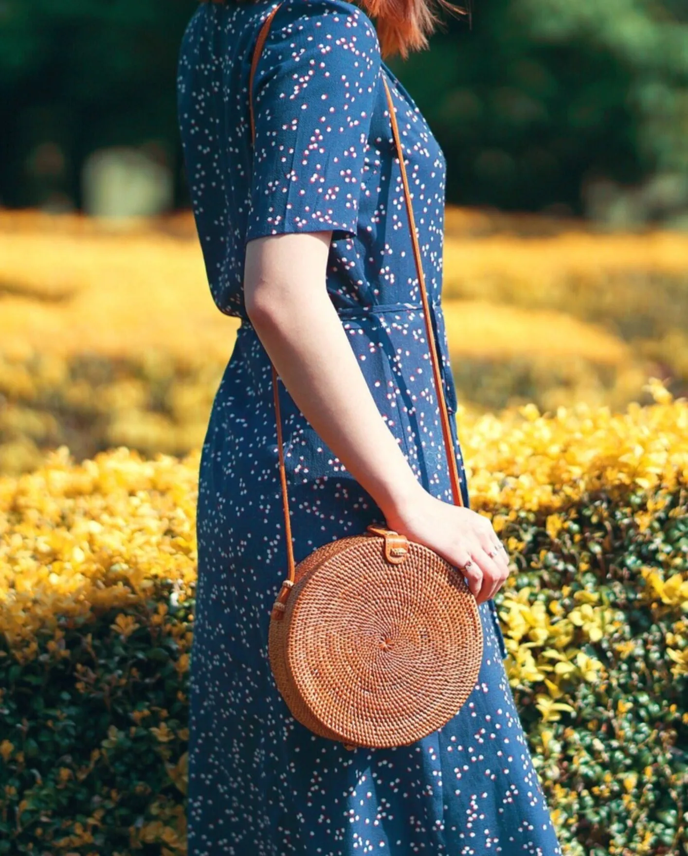 Rattan Cane Sling Bag with leather strap