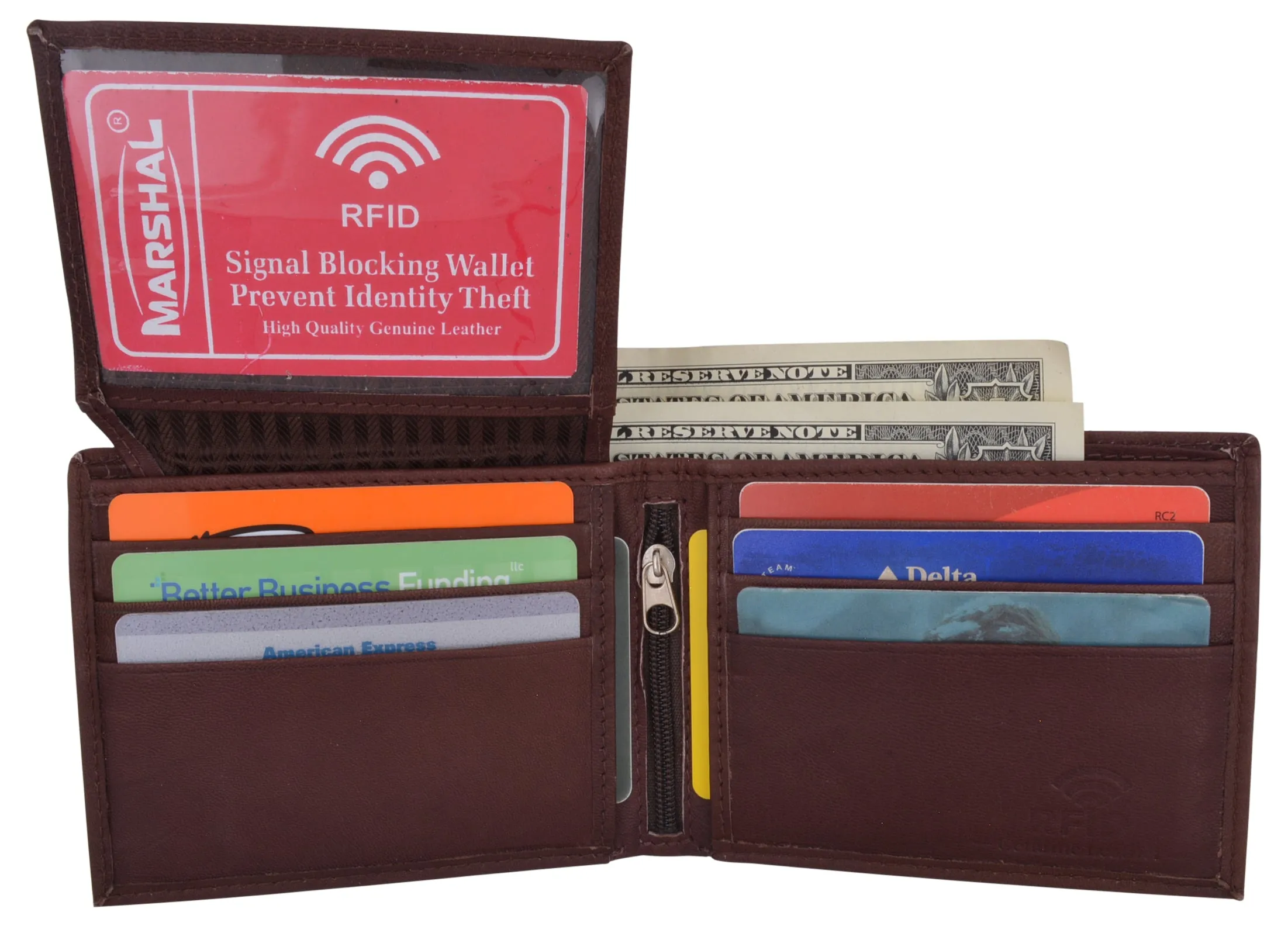 RFID Blocking Men's Leather ID Window Flap-Up Bifold Wallet