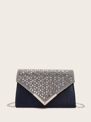 Rhinestone Decor Flap Clutch Bag