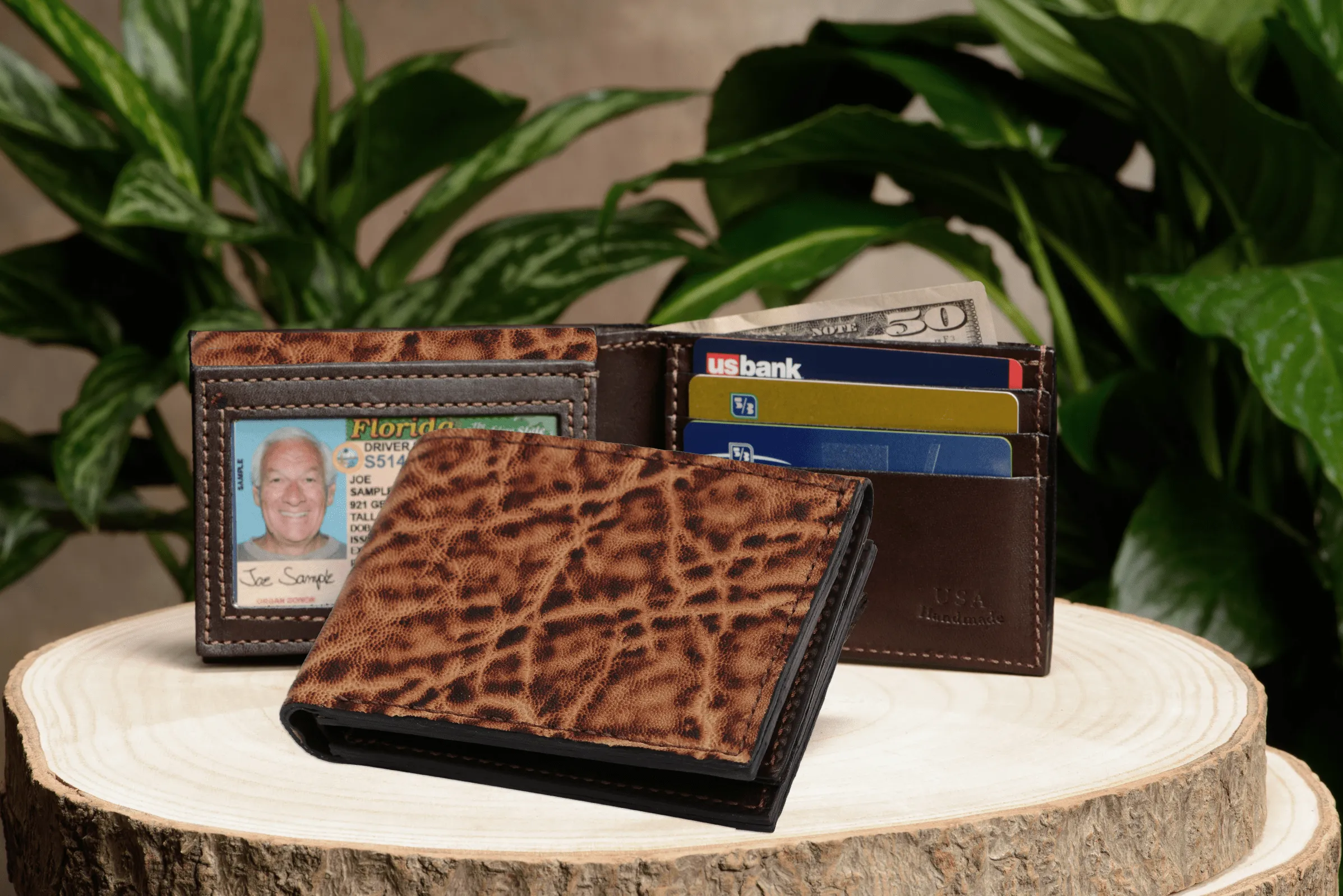 Rustic Brown Elephant Luxury Designer Exotic Bifold Wallet With Flip Up ID Window