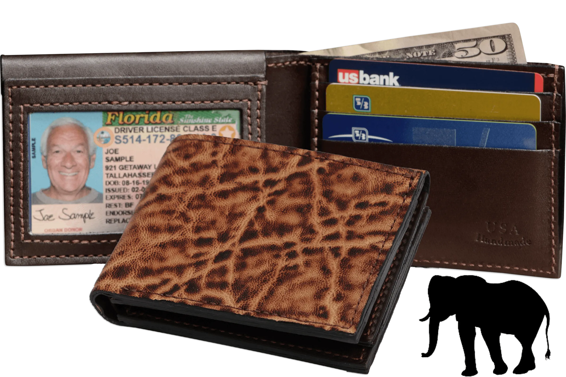 Rustic Brown Elephant Luxury Designer Exotic Bifold Wallet With Flip Up ID Window