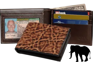 Rustic Brown Elephant Luxury Designer Exotic Bifold Wallet With Flip Up ID Window