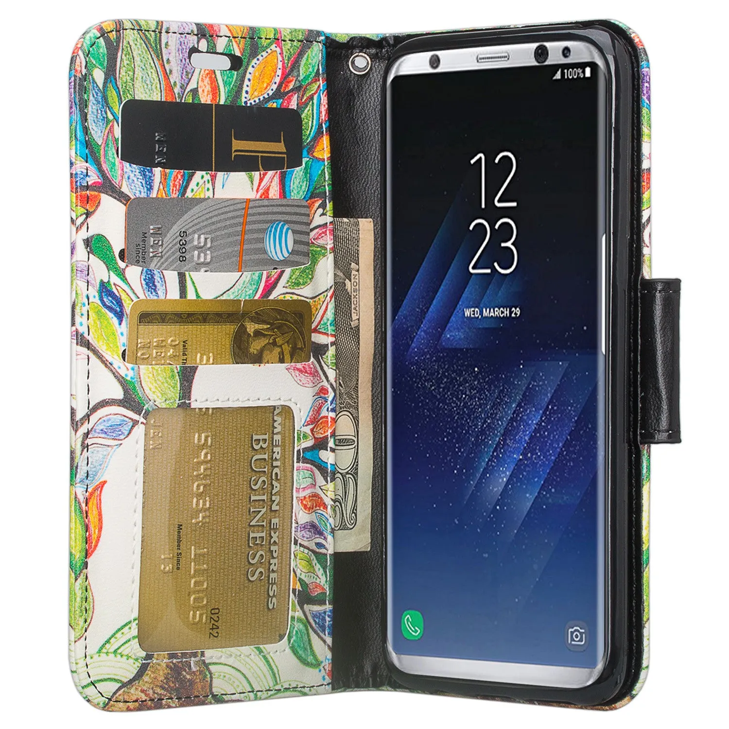 Samsung Galaxy S8 Case, SM-G950 Wallet Case, Wrist Strap Pu Leather Wallet Case [Kickstand] with ID & Credit Card Slots - Colorful Tree