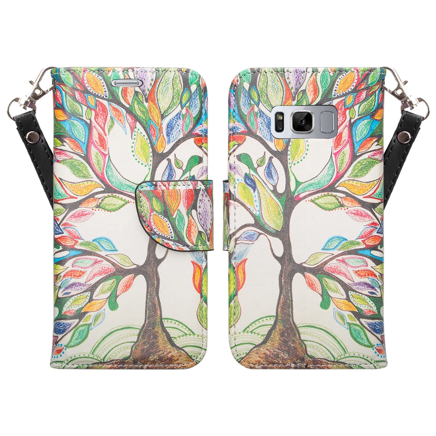 Samsung Galaxy S8 Case, SM-G950 Wallet Case, Wrist Strap Pu Leather Wallet Case [Kickstand] with ID & Credit Card Slots - Colorful Tree