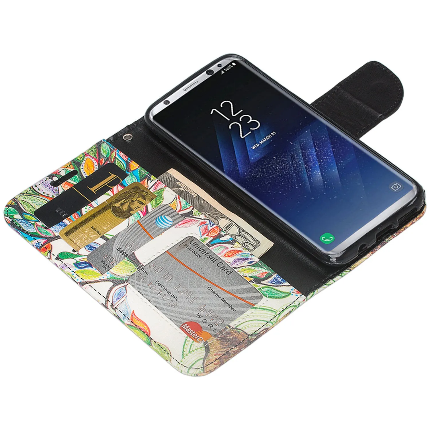 Samsung Galaxy S8 Case, SM-G950 Wallet Case, Wrist Strap Pu Leather Wallet Case [Kickstand] with ID & Credit Card Slots - Colorful Tree