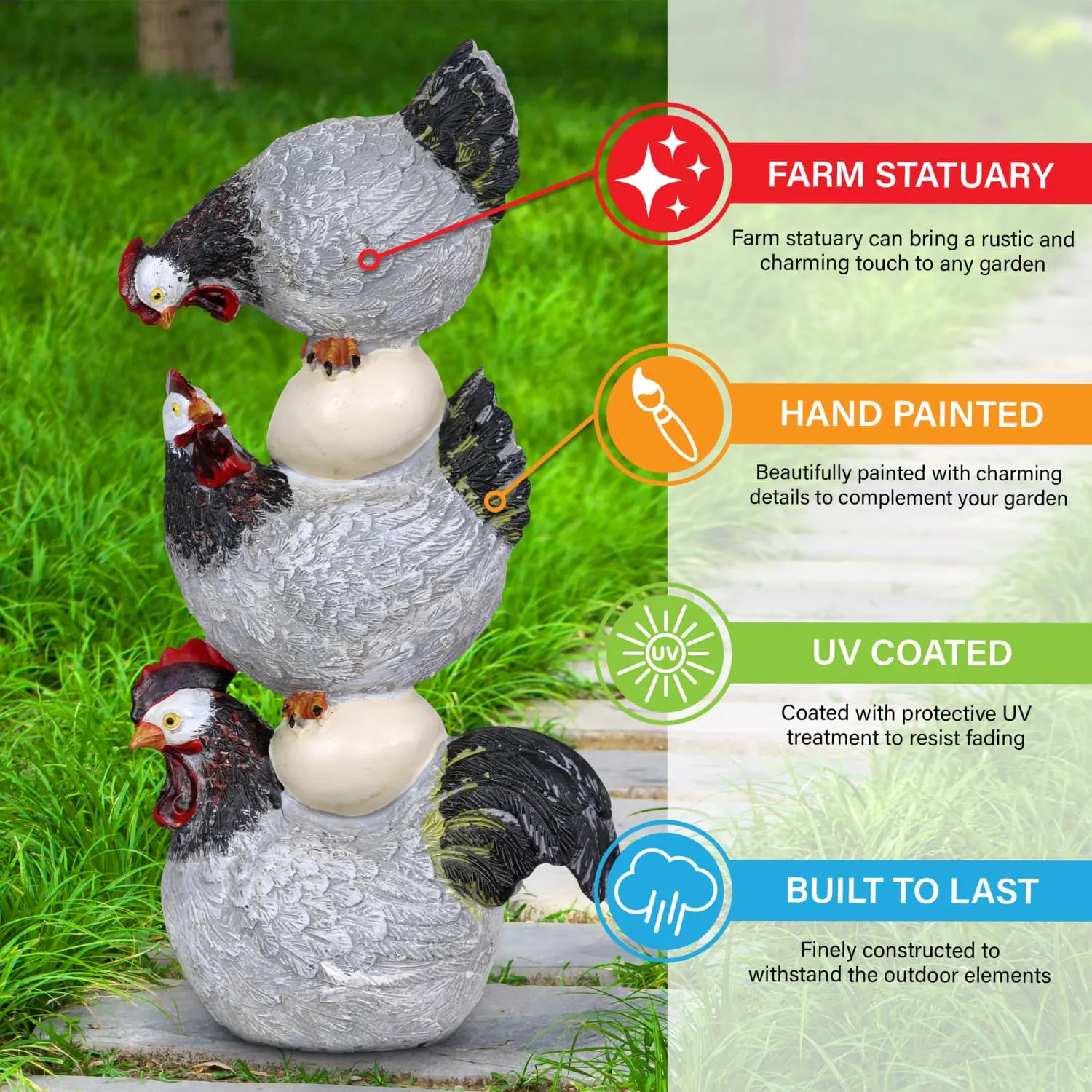Stacked Chicken and Egg Hand Painted Garden Statue, 12 Inch
