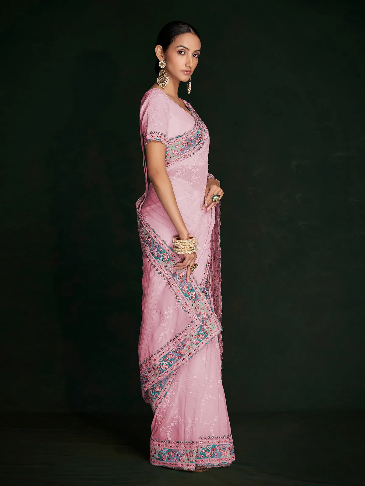 Stylish Pink Georgette Embroidered Saree With Unstitched Blouse
