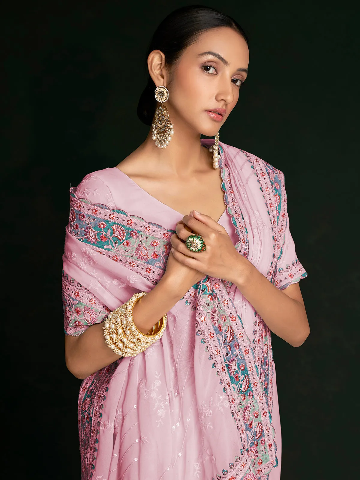 Stylish Pink Georgette Embroidered Saree With Unstitched Blouse