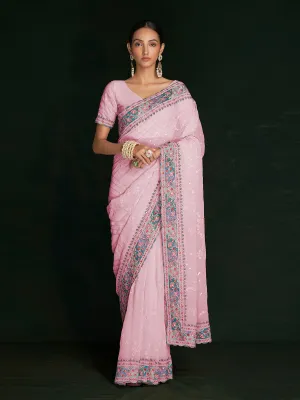 Stylish Pink Georgette Embroidered Saree With Unstitched Blouse