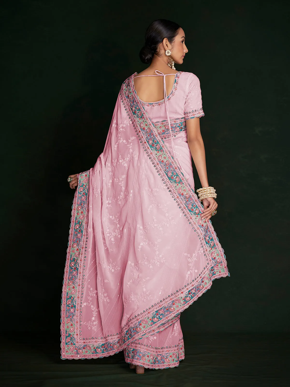 Stylish Pink Georgette Embroidered Saree With Unstitched Blouse