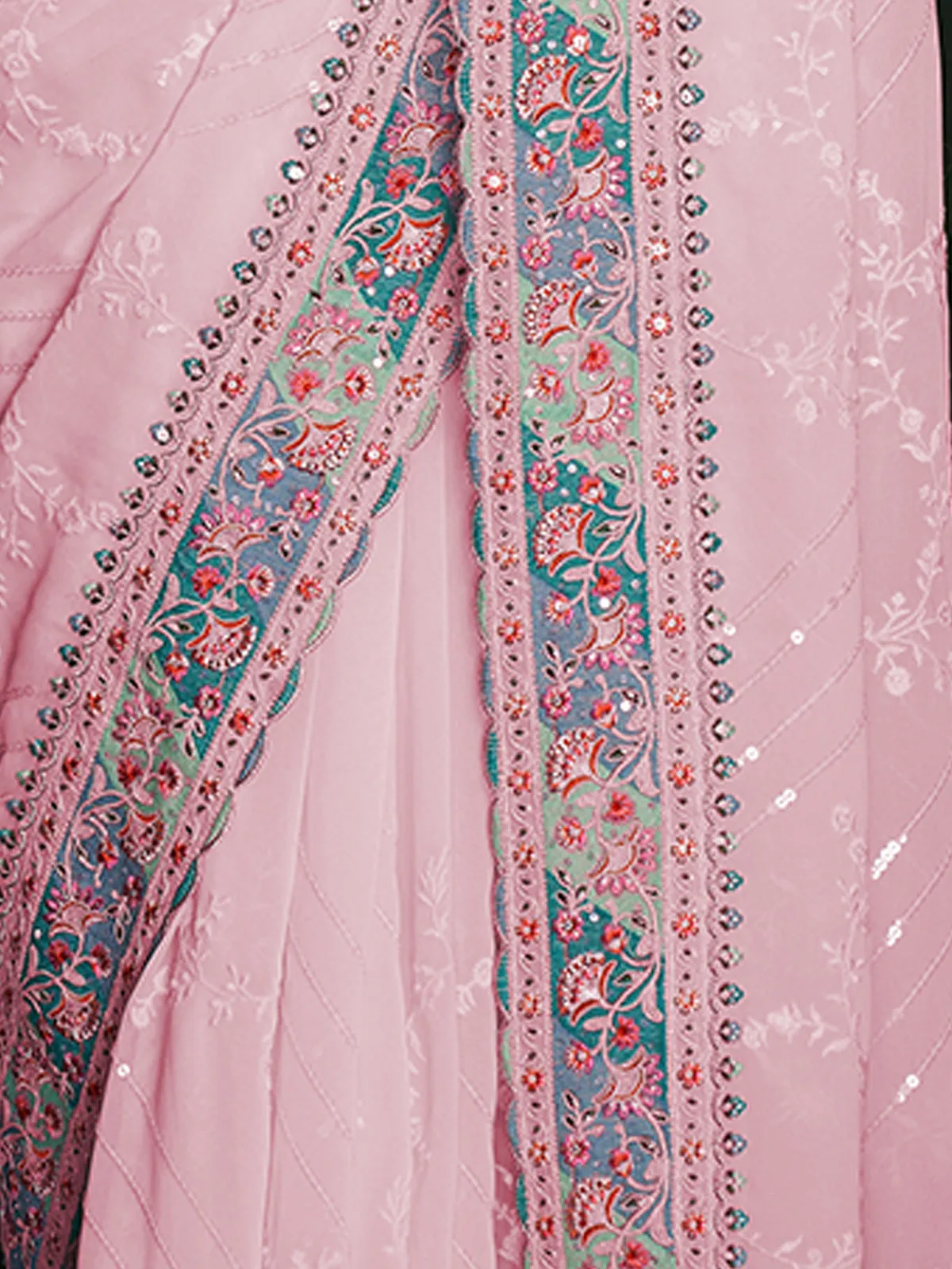 Stylish Pink Georgette Embroidered Saree With Unstitched Blouse