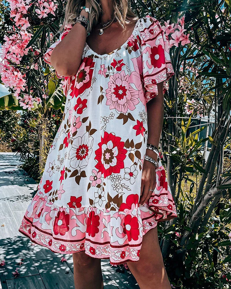 Sunshine floral ruffled V-neck loose BOHO dress