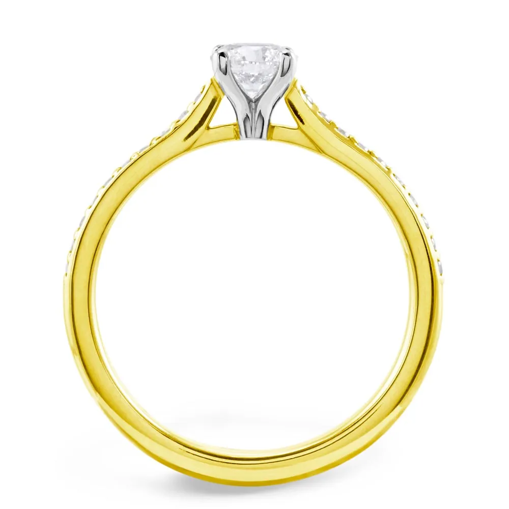 The Jasmine 18ct Yellow Gold And Platinum Round Brilliant Cut Diamond Solitaire Engagement Ring With Diamond Set Shoulders
