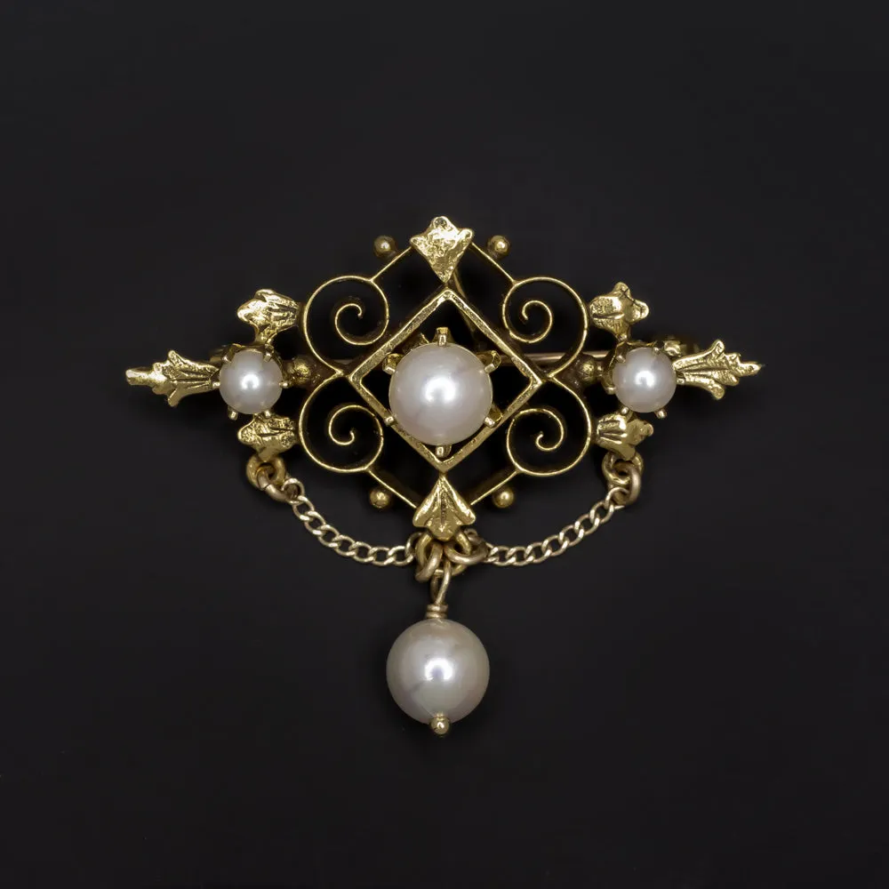 VINTAGE PEARL 14k YELLOW GOLD PENDANT PIN BROOCH NECKLACE ESTATE CHAIN LEAF