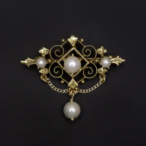 VINTAGE PEARL 14k YELLOW GOLD PENDANT PIN BROOCH NECKLACE ESTATE CHAIN LEAF