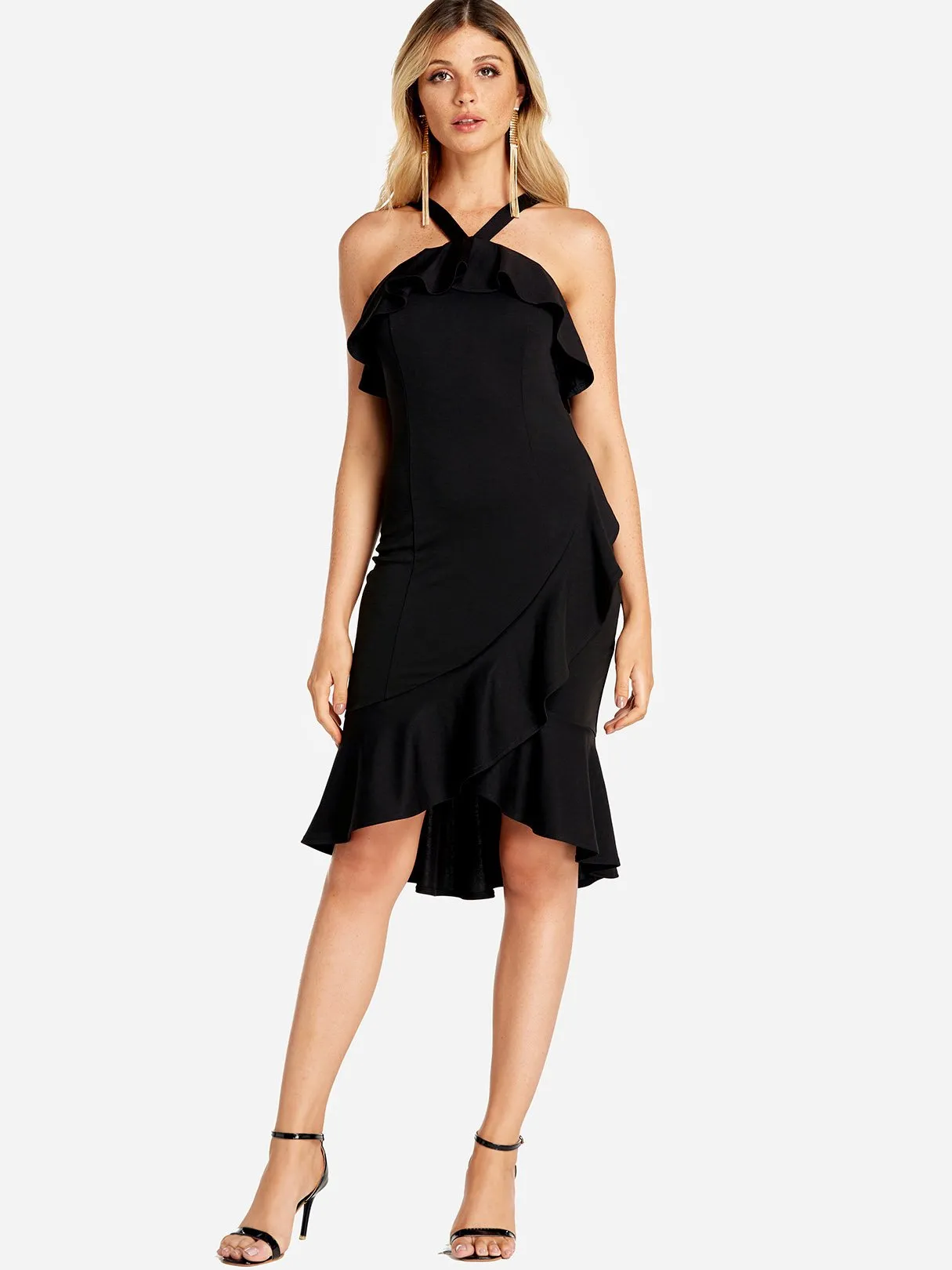 Wholesale Black Halter Sleeveless Flounced Hem Mini Dress
