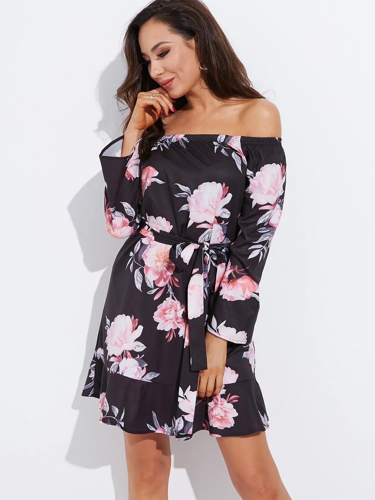 Wholesale Black Off The Shoulder Long Sleeve Floral Print Self-Tie Mini Dress