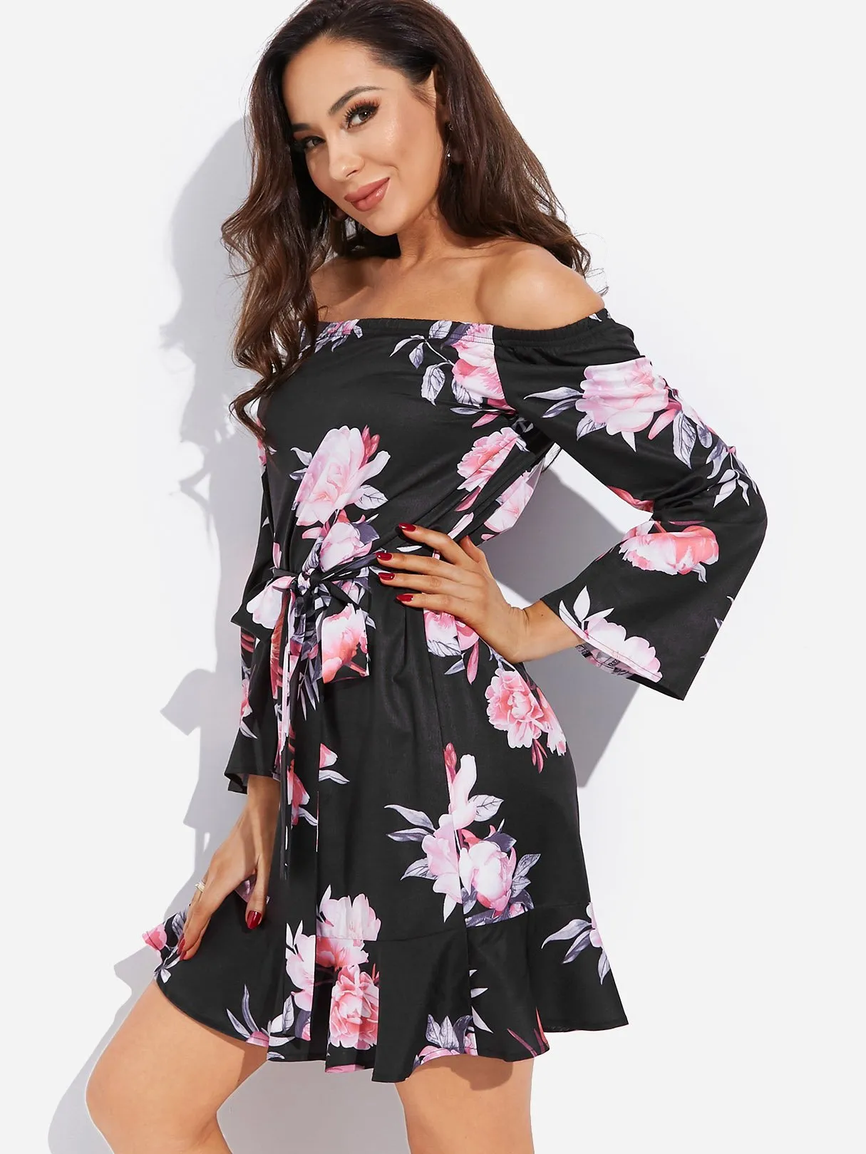 Wholesale Black Off The Shoulder Long Sleeve Floral Print Self-Tie Mini Dress