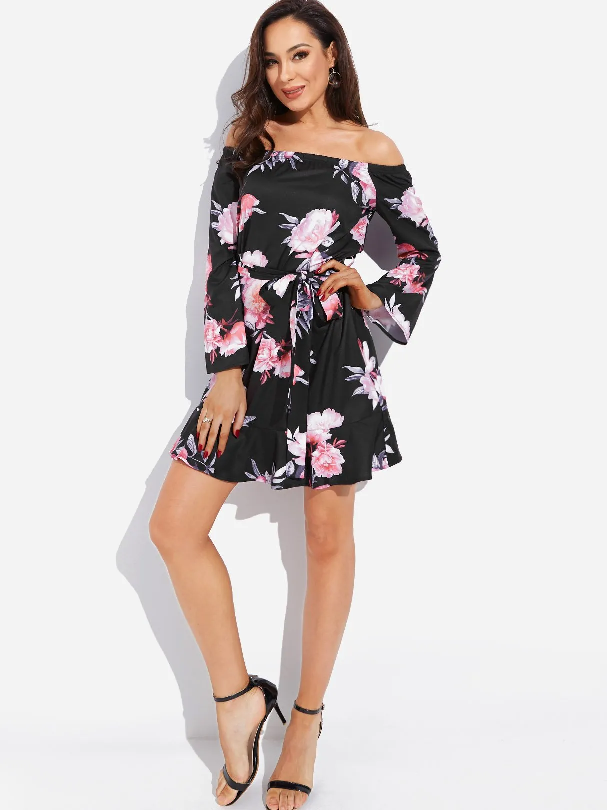 Wholesale Black Off The Shoulder Long Sleeve Floral Print Self-Tie Mini Dress