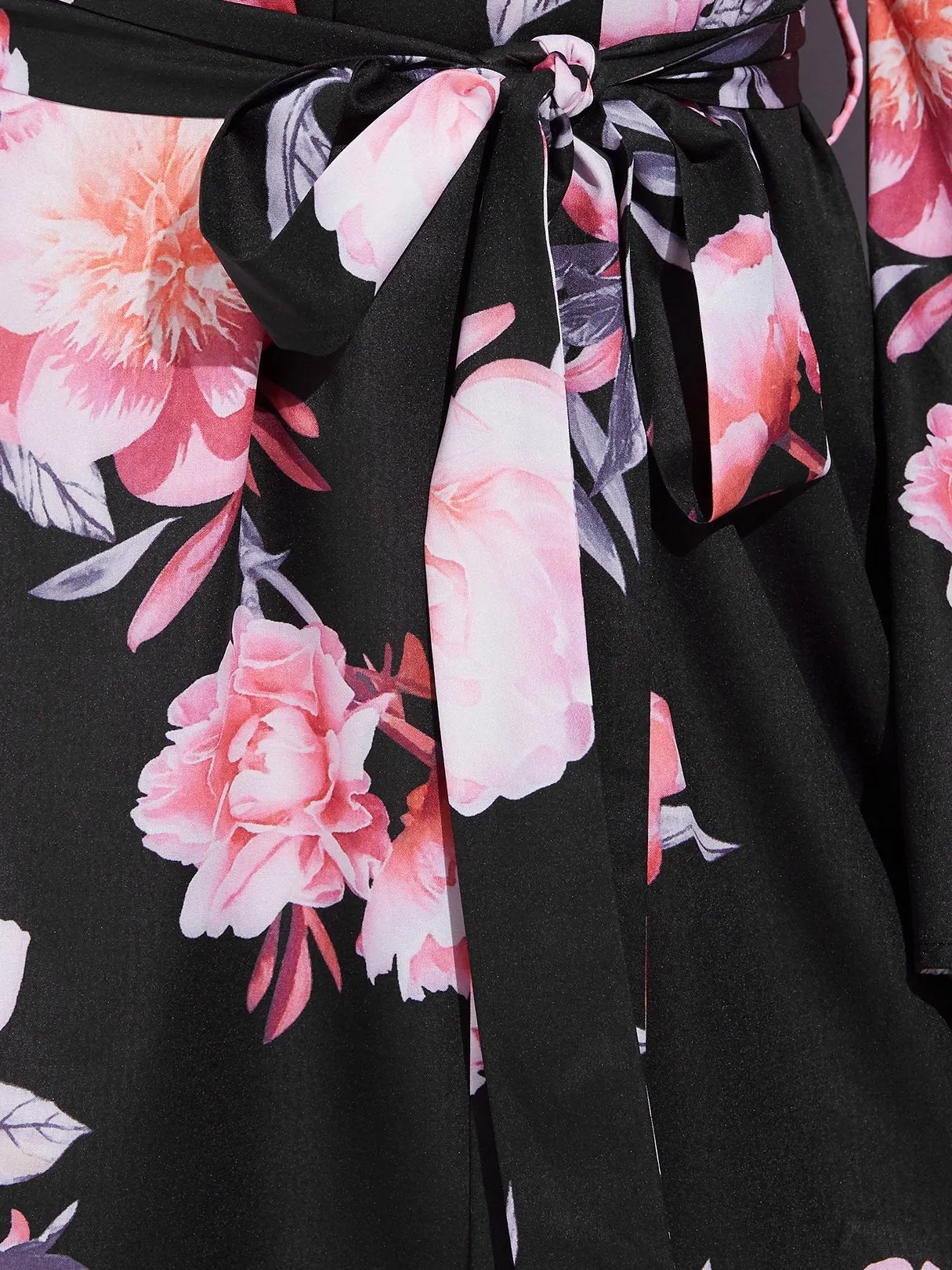 Wholesale Black Off The Shoulder Long Sleeve Floral Print Self-Tie Mini Dress