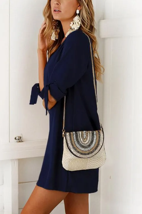 Wholesale Crew Neck Half Sleeve Plain Self-Tie Mini Dresses