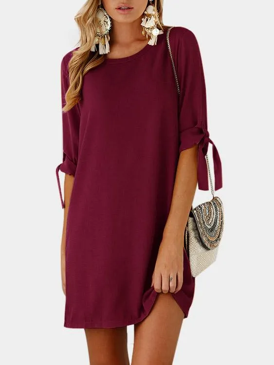 Wholesale Crew Neck Half Sleeve Plain Self-Tie Mini Dresses