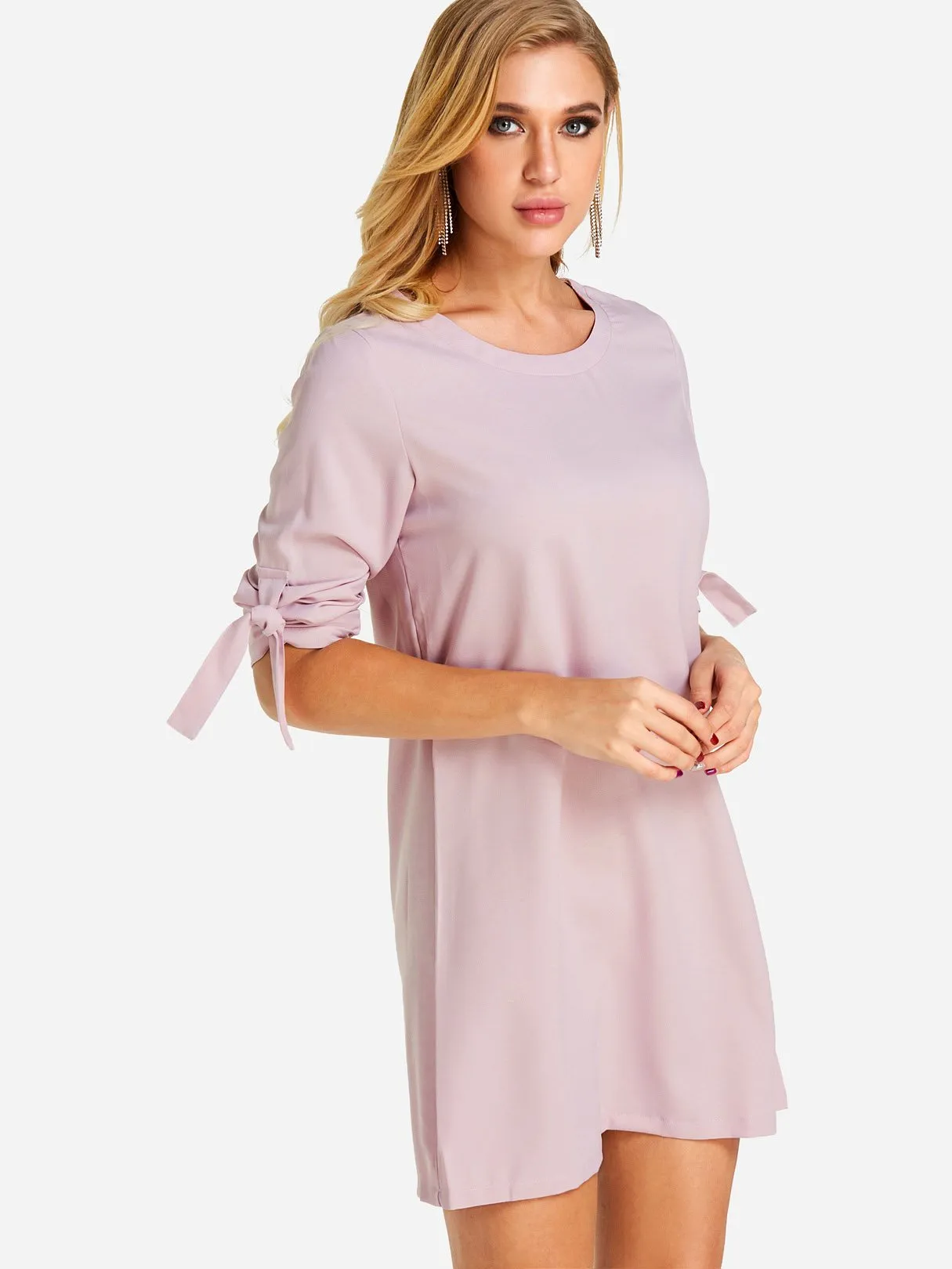 Wholesale Crew Neck Half Sleeve Plain Self-Tie Mini Dresses