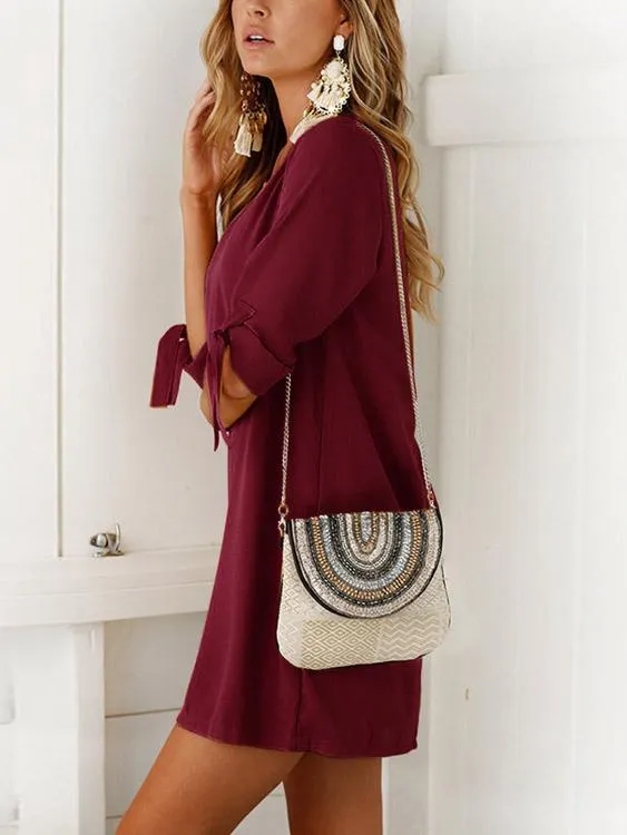 Wholesale Crew Neck Half Sleeve Plain Self-Tie Mini Dresses