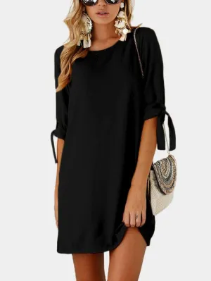 Wholesale Crew Neck Half Sleeve Plain Self-Tie Mini Dresses