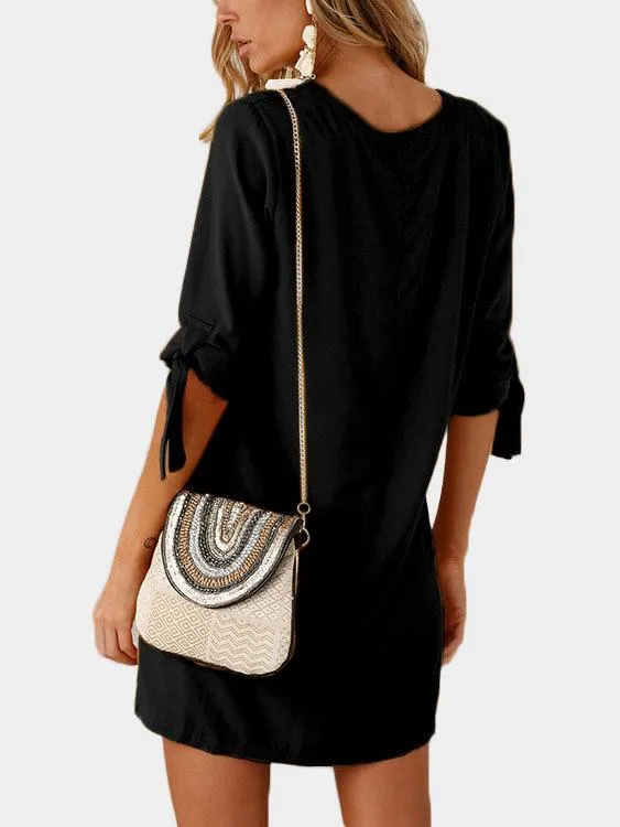 Wholesale Crew Neck Half Sleeve Plain Self-Tie Mini Dresses