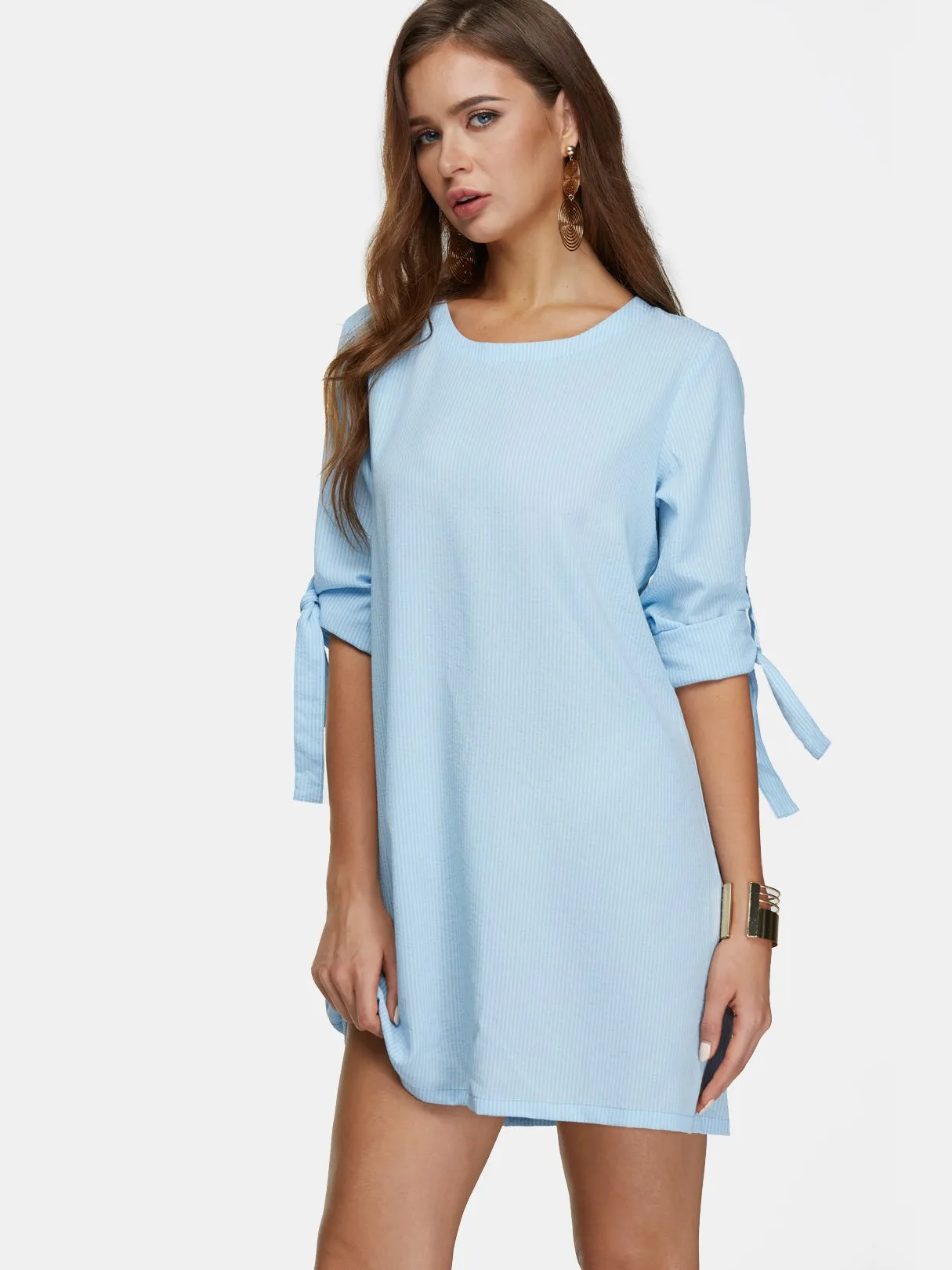 Wholesale Crew Neck Half Sleeve Plain Self-Tie Mini Dresses