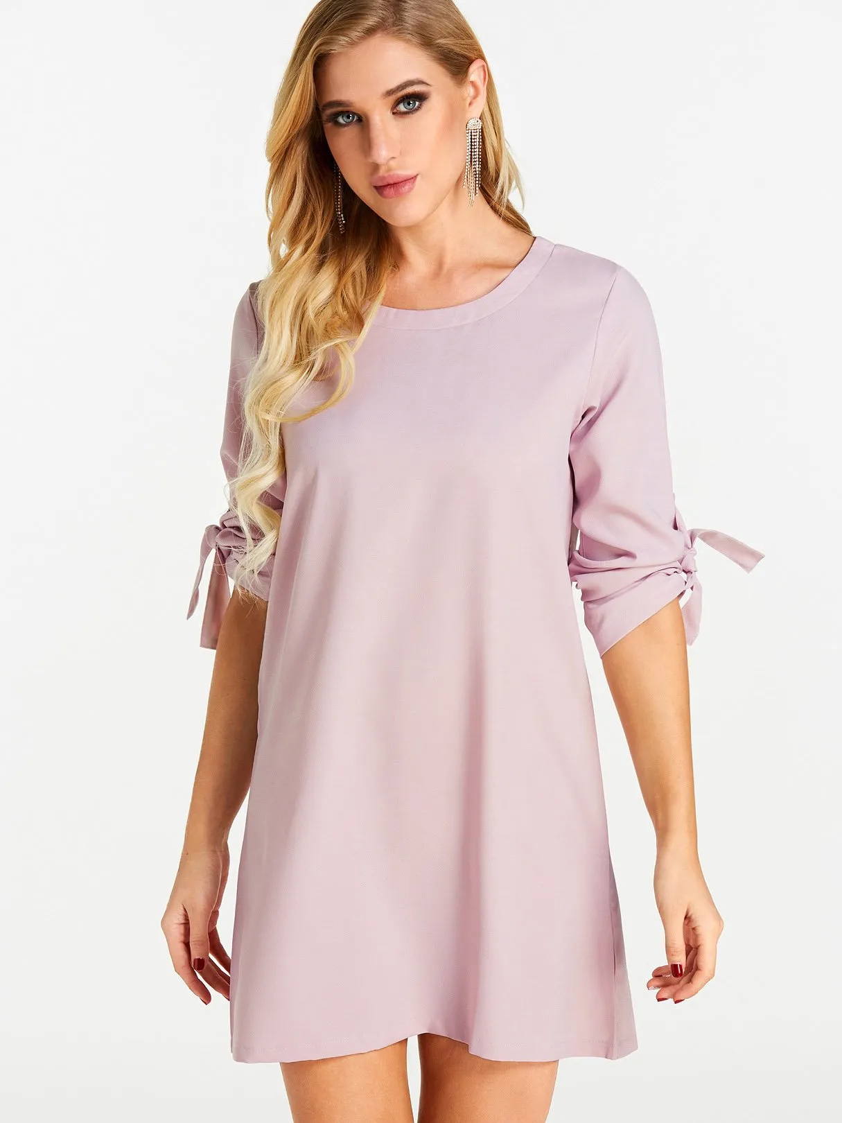 Wholesale Crew Neck Half Sleeve Plain Self-Tie Mini Dresses