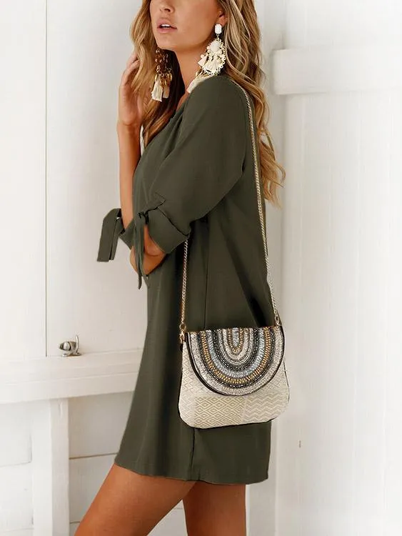Wholesale Crew Neck Half Sleeve Plain Self-Tie Mini Dresses