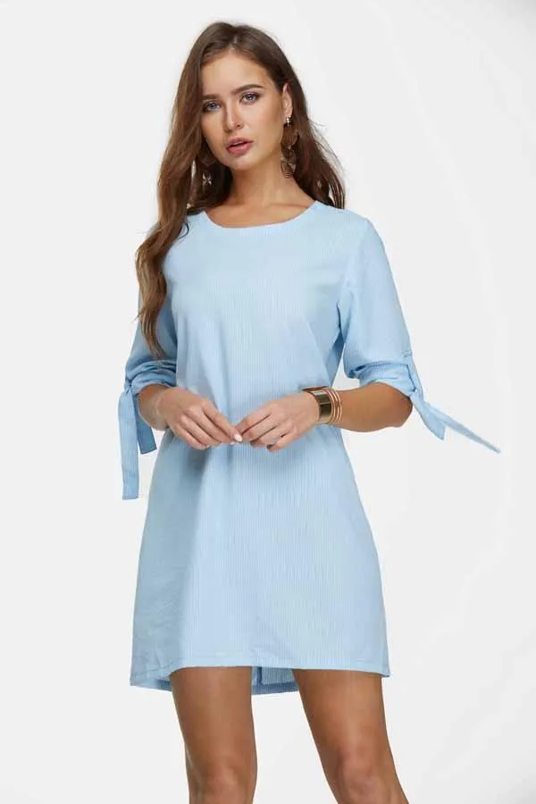 Wholesale Crew Neck Half Sleeve Plain Self-Tie Mini Dresses