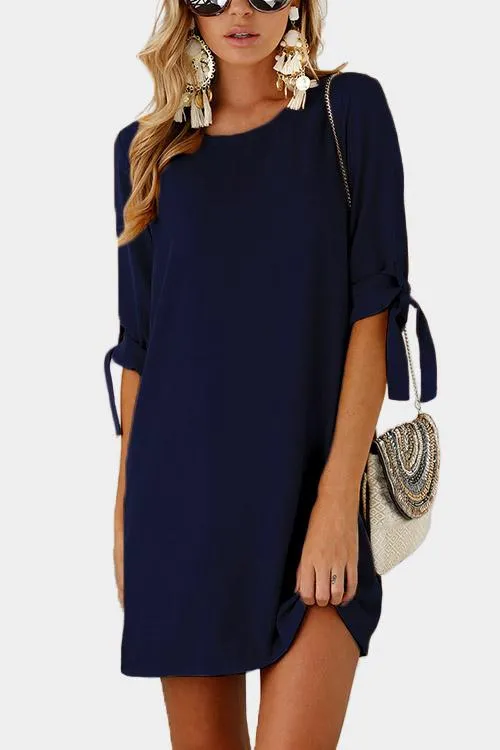 Wholesale Crew Neck Half Sleeve Plain Self-Tie Mini Dresses