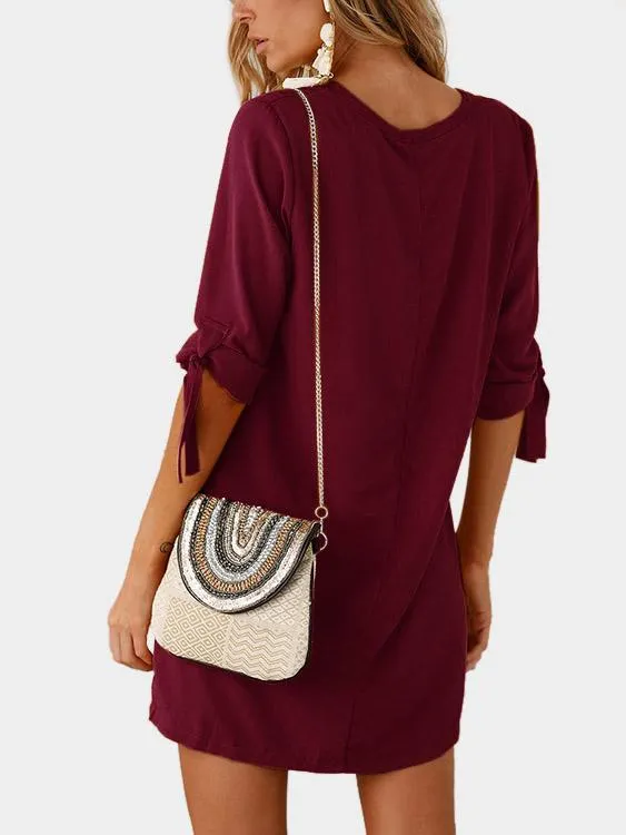 Wholesale Crew Neck Half Sleeve Plain Self-Tie Mini Dresses