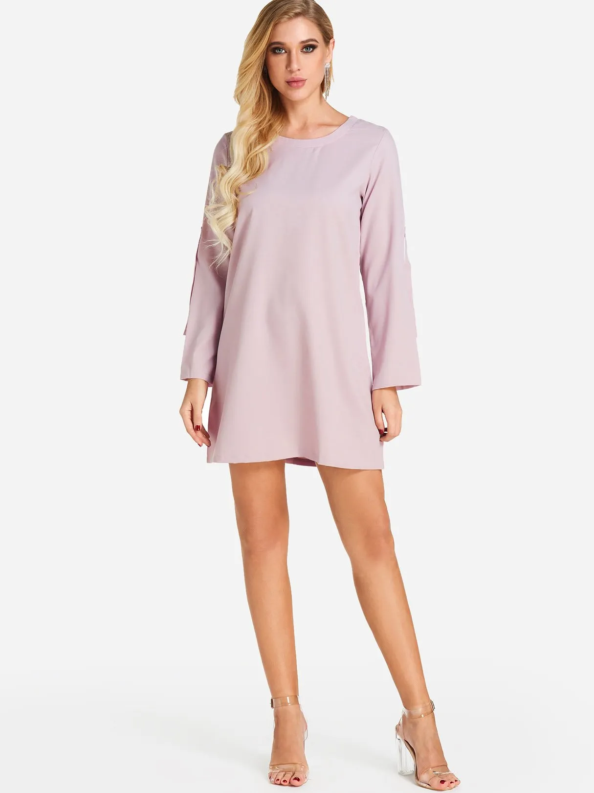 Wholesale Crew Neck Half Sleeve Plain Self-Tie Mini Dresses
