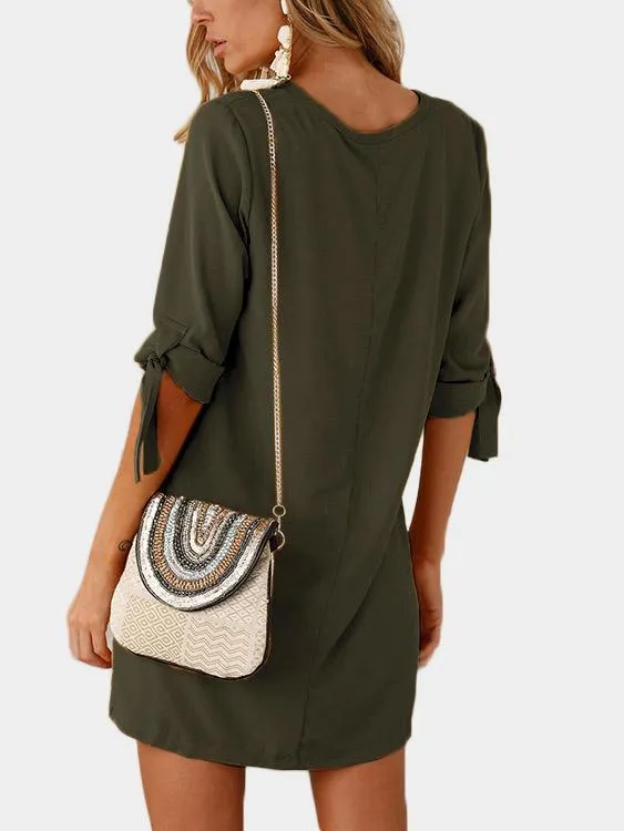 Wholesale Crew Neck Half Sleeve Plain Self-Tie Mini Dresses